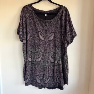 Lucky Brand Paisley Top Blouse Purple Round Neck Curve Hem Short Sleeve Sz 3X